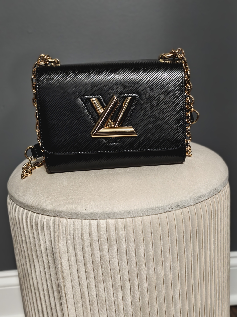 Black Leather Chain Shoulder Bag with Gold Hardware